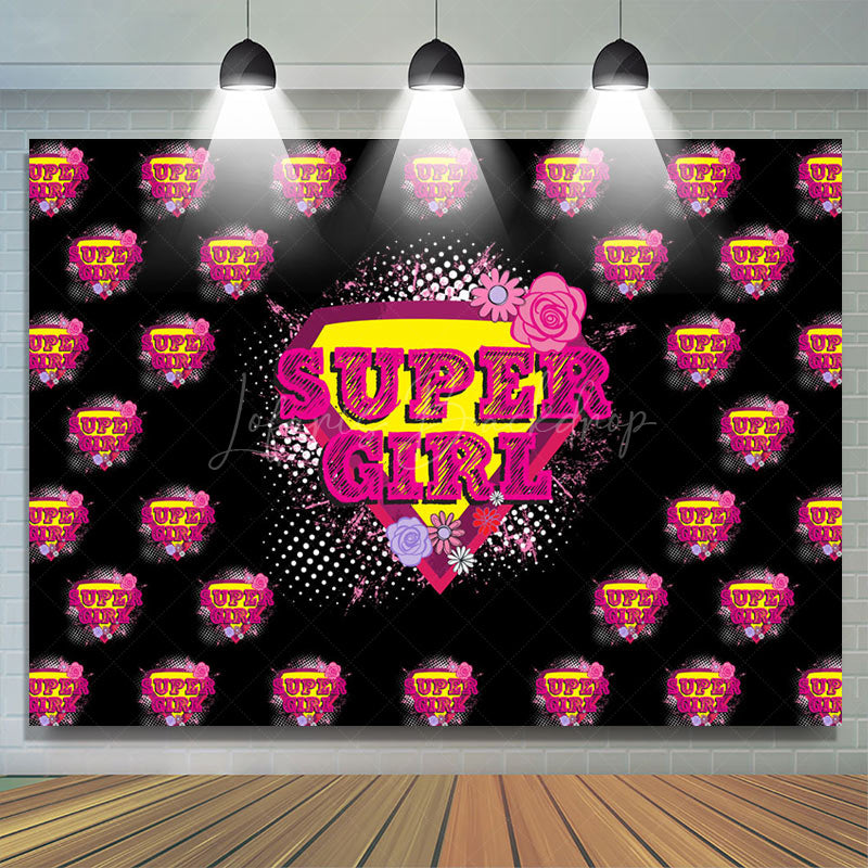 Lofaris Pink Super Girl Floral Black Happy Birthday Backdrop