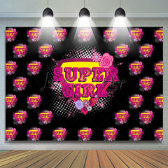 Lofaris Pink Super Girl Floral Black Happy Birthday Backdrop