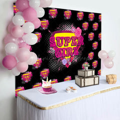 Lofaris Pink Super Girl Floral Black Happy Birthday Backdrop