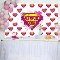 Lofaris Pink Super Girl Floral White Happy Birthday Backdrop