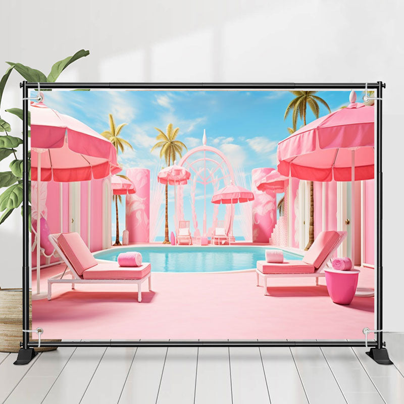 Lofaris Pink Swimming Pool Coconut Palm Holiday Backdrop