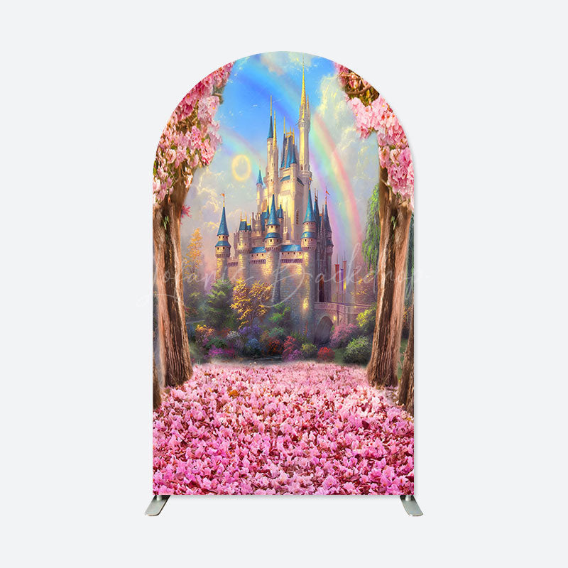 Lofaris Pink Trees Castle Rainbow Birthday Arch Backdrop