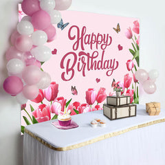 Lofaris Pink Tulip Floral Spring Happy Birthday Backdrop