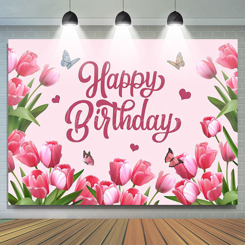 Lofaris Pink Tulip Floral Spring Happy Birthday Backdrop