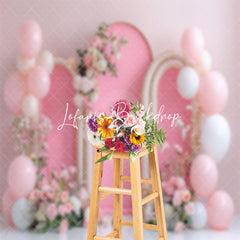 Lofaris Pink White Balloons Arch Floral Cake Smash Backdrop