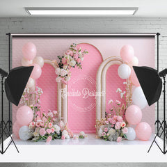 Lofaris Pink White Balloons Arch Floral Cake Smash Backdrop