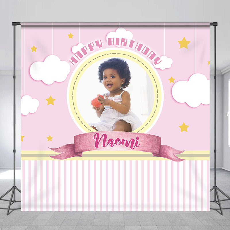 Lofaris Pink White Custom Photo Happy Birthday Backdrop