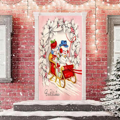 Lofaris Pink White Cute Snowman Sled Christmas Door Cover