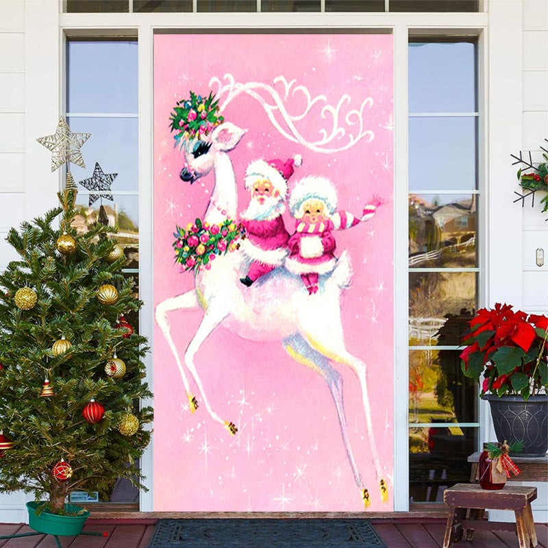 Lofaris Pink White Elk Santa Claus Christmas Door Cover