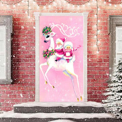 Lofaris Pink White Elk Santa Claus Christmas Door Cover