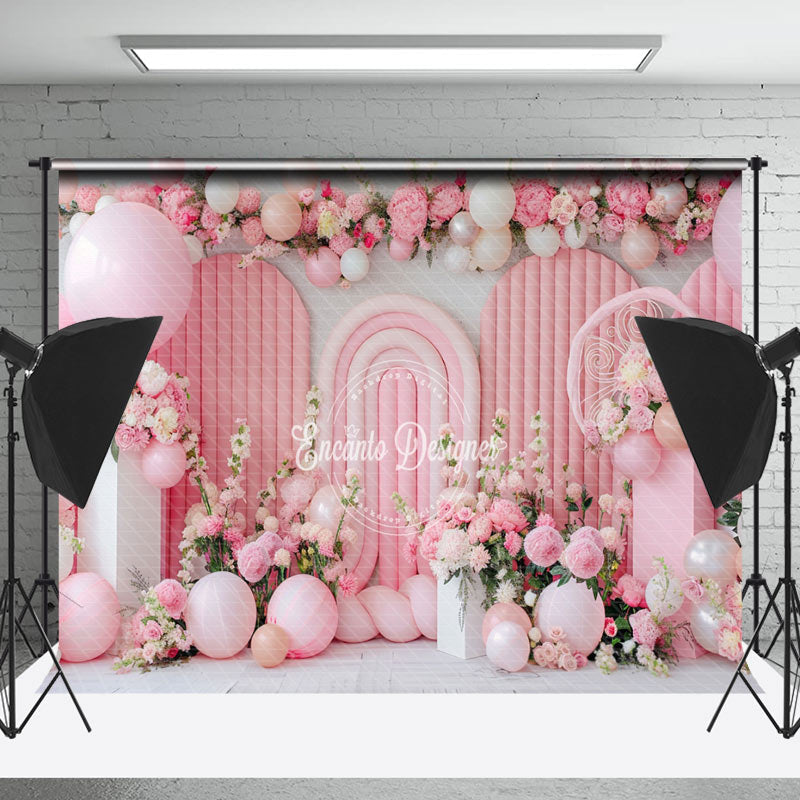 Lofaris Pink White Floral Balloons Cake Smash Photo Backdrop