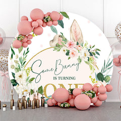 Lofaris Pink White Floral Bunny Round 1st Birthday Backdrop