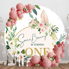 Lofaris Pink White Floral Bunny Round 1st Birthday Backdrop