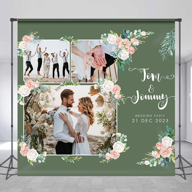 Lofaris Pink White Floral Green Custom Photo Wedding Backdrop