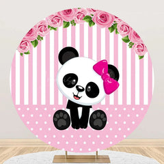 Lofaris Pink White Floral Panda Girl Round Birthday Backdrop