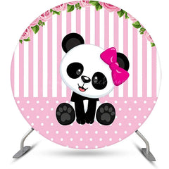 Lofaris Pink White Floral Panda Girl Round Birthday Backdrop