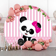 Lofaris Pink White Floral Panda Girl Round Birthday Backdrop