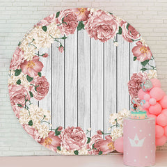 Lofaris Pink White Floral Wood Round Birthday Party Backdrop