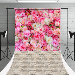 Lofaris Pink White Rose Brick Floor Sweep Photo Backdrop