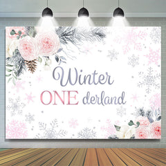 Lofaris Pink White Rose Winter Snowflake 1st Birthday Backdrop