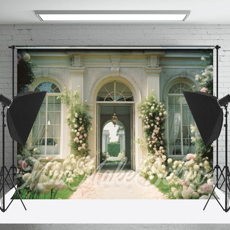 Lofaris Pink White Roses Retro Architecture Spring Backdrop