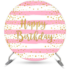 Lofaris Pink White Stripe Gold Dots Round Birthday Backdrop