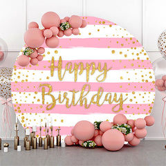 Lofaris Pink White Stripe Gold Dots Round Birthday Backdrop