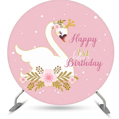 Lofaris Pink White Swan Leaves Round 1st Birthday Backdrop