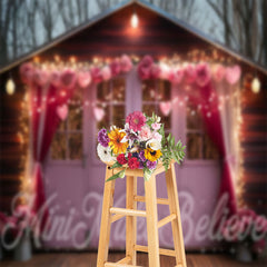 Lofaris Pink Wood House Flower Light Valentines Day Backdrop