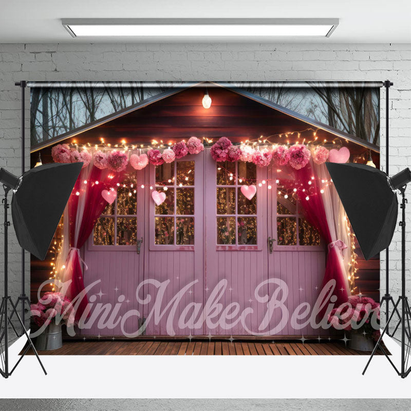 Lofaris Pink Wood House Flower Light Valentines Day Backdrop