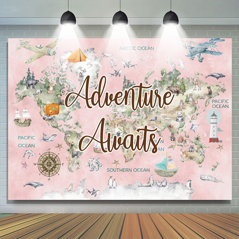 Lofaris Pink World Map Travel Baby Shower Backdrop For Girl