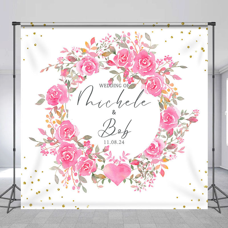 Lofaris Pink Wreath White Custom Name Wedding Backdrop