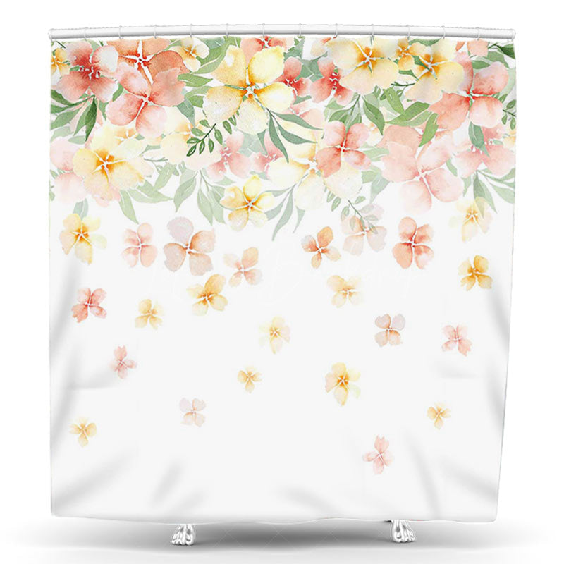 Lofaris Pink Yellow Floral Leaf White Spring Shower Curtain