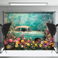 Lofaris Pink Yellow Flower Retro Blue Car Spring Backdrop