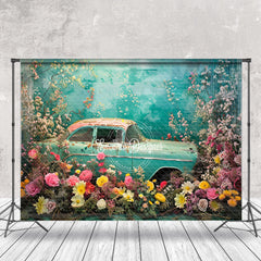 Lofaris Pink Yellow Flower Retro Blue Car Spring Backdrop