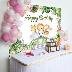 Lofaris Plam Green Animals Car Happy Birthday Backdrop