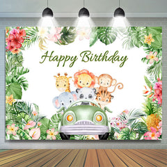 Lofaris Plam Green Animals Car Happy Birthday Backdrop