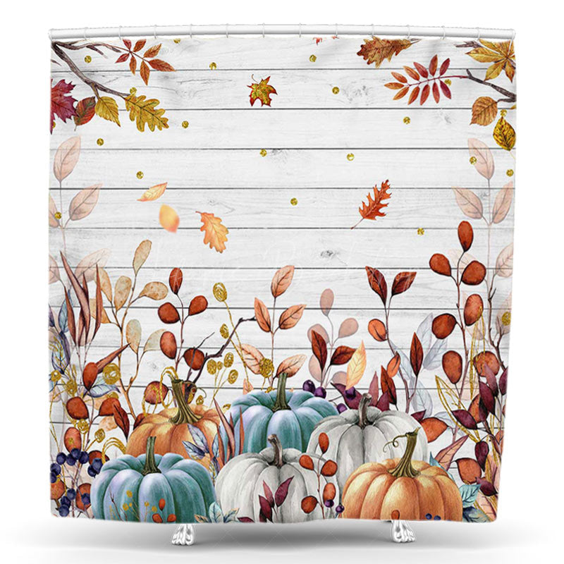 Lofaris Plant Leaves Pumpkins Wooden Fall Shower Curtain