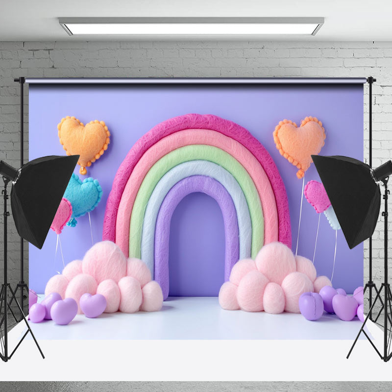 Lofaris Plush Rainbow Balloons Purple Cake Smash Backdrop