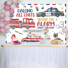 Lofaris Police Fire Truck Ambulance Happy Birthday Backdrop