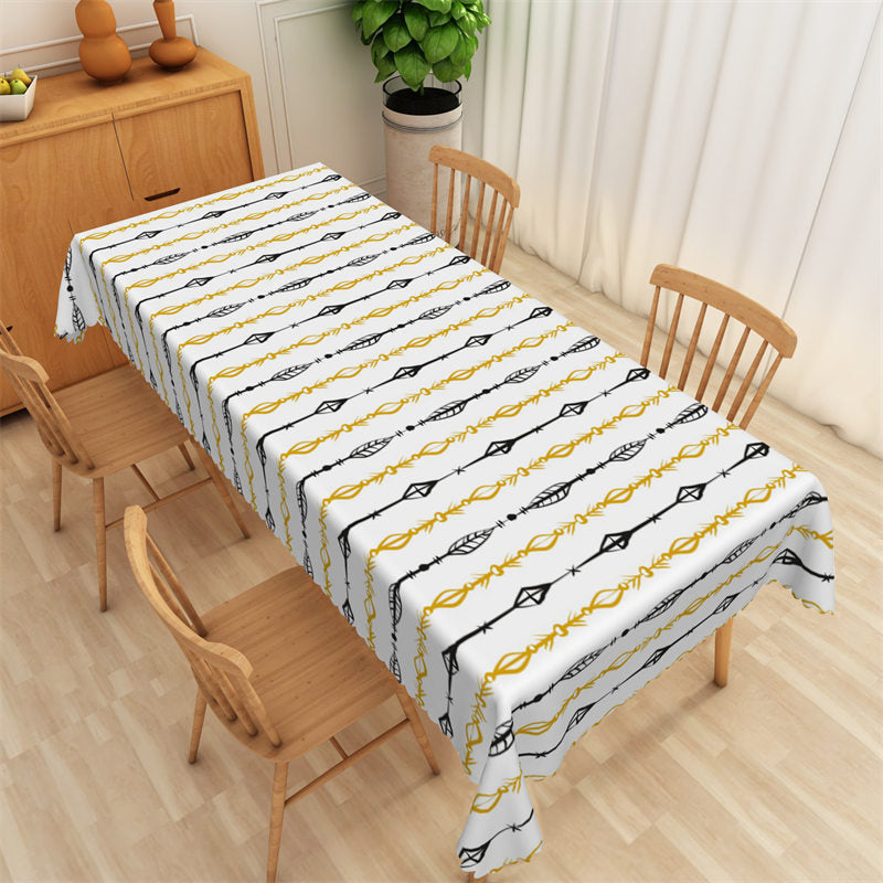 Lofaris Posh Black And Yellow Leaves Lines White Tablecloth