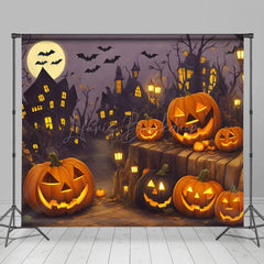 Lofaris Pumpkin Bat Moon Village Happy Halloween Night Backdrop