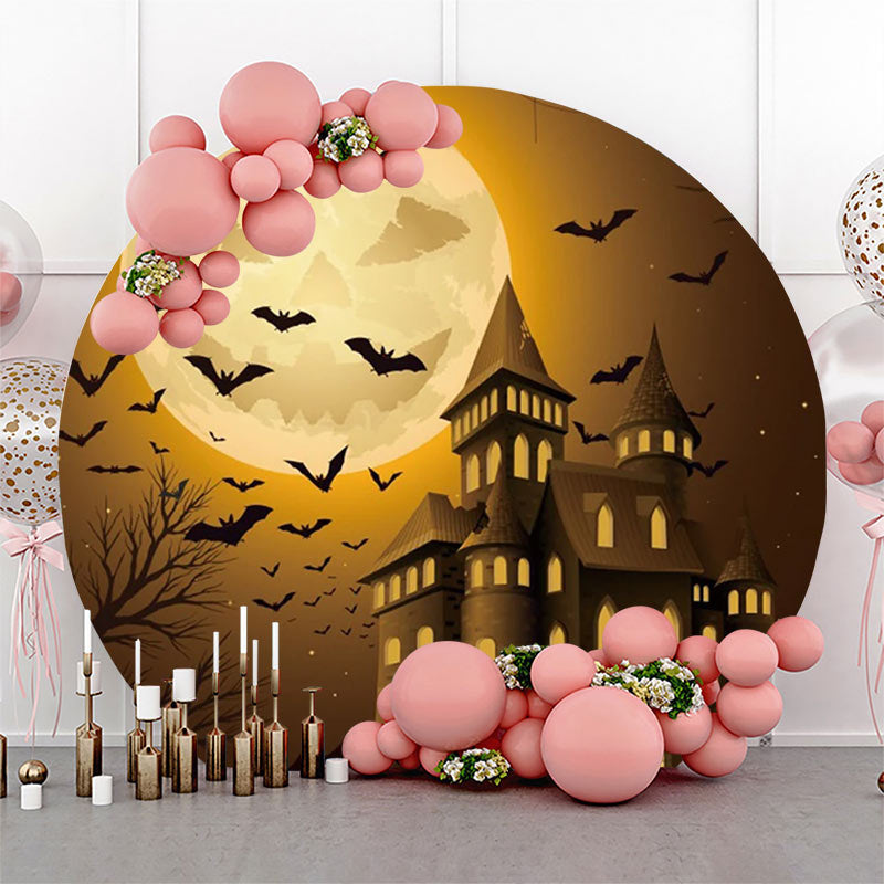 Lofaris Pumpkin Moon Castle Bats Round Halloween Backdrop