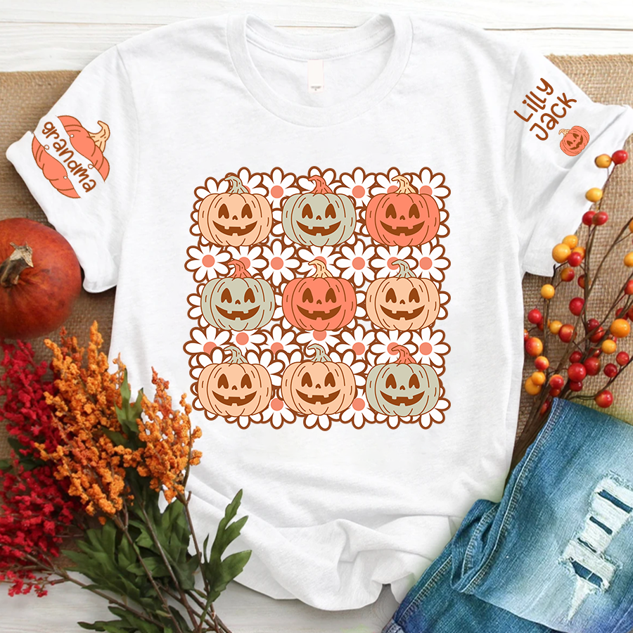 Lofaris Pumpkins Flowers Custom Grandma and Kids T - Shirt