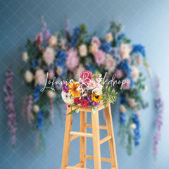 Lofaris Pure Blue Wall Colorful Floral Cake Smash Backdrop