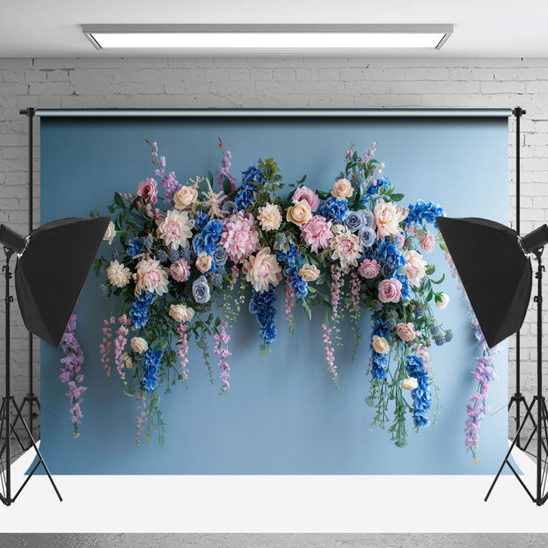 Lofaris Pure Blue Wall Colorful Floral Cake Smash Backdrop