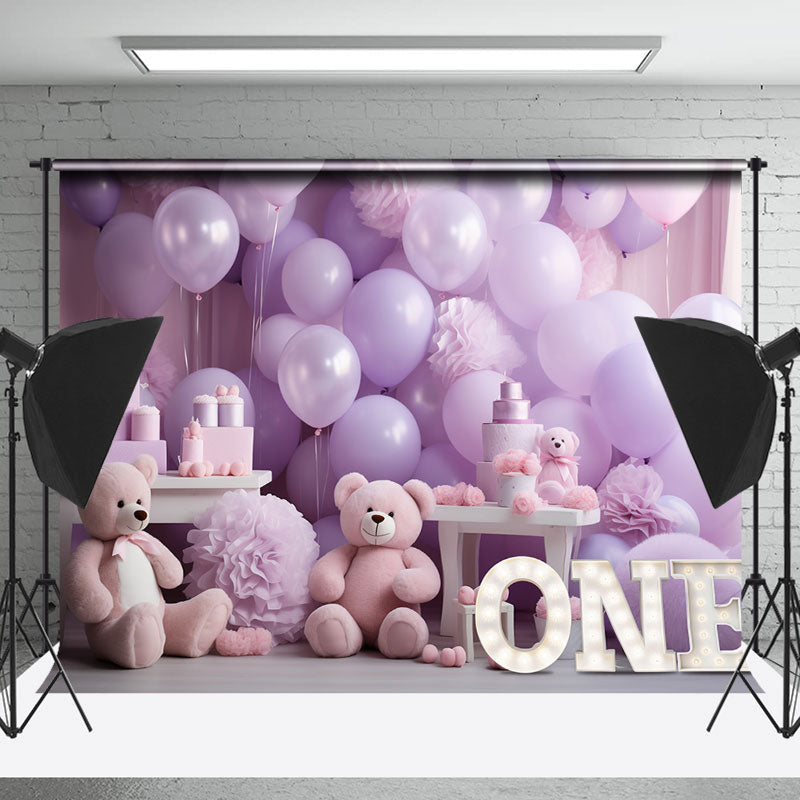 Lofaris Purple Balloon Bear 1St Birthday Cake Smash Backdrop