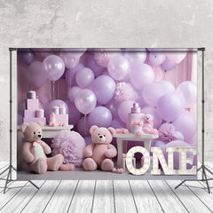 Lofaris Purple Balloon Bear 1St Birthday Cake Smash Backdrop