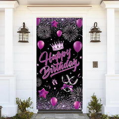 Lofaris Purple Balloons Crown Black Birthday Door Cover