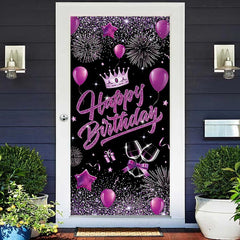 Lofaris Purple Balloons Crown Black Birthday Door Cover